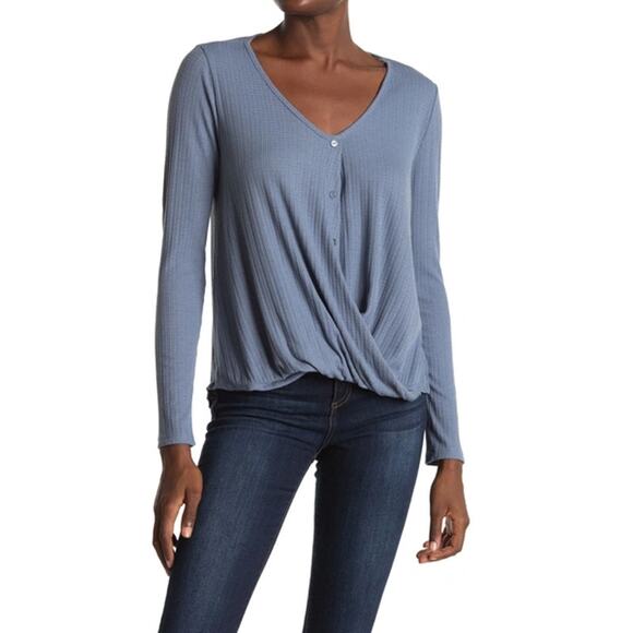 White Willow Womens Long Sleeve Textured Button Front Top Faux Wrap Caspian Blue - Picture 1 of 7